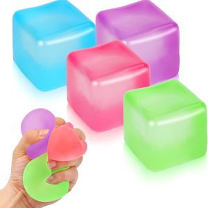 4 Pack Stress Cube Sensory Fidget Toys for Anxiety Stress Relief. Slow Rising Fidget Cube Squeeze Toys. Squishy Cube Filled with Thick Substance. Ice Cube Stress Balls for Adults Kids