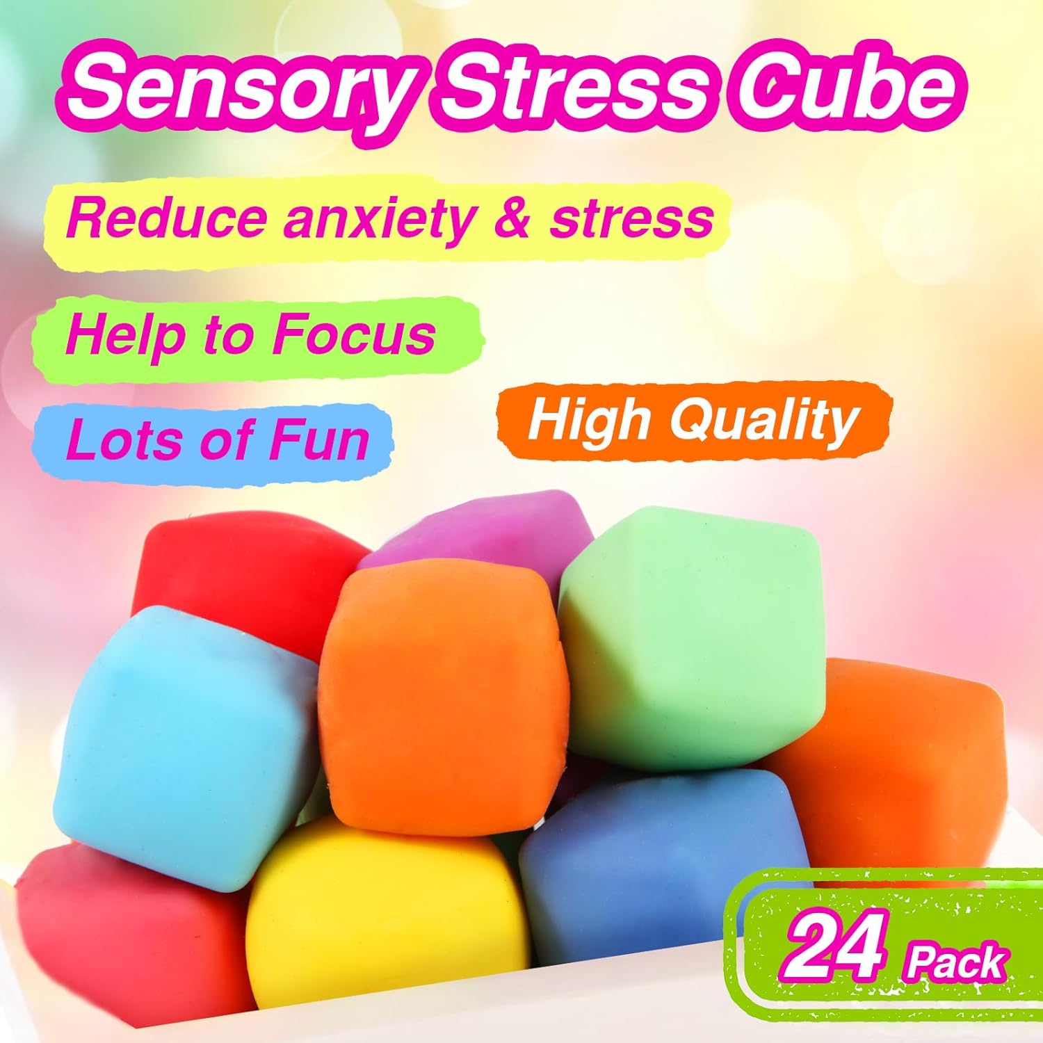 24 Pack Slow Rising Stress Cube . Dough Stress Balls Soft Fidget Squishy Toys for Anxiety Relief. Pull Stretch Classroom Prize Party Favors Toys for Kids - Image 3