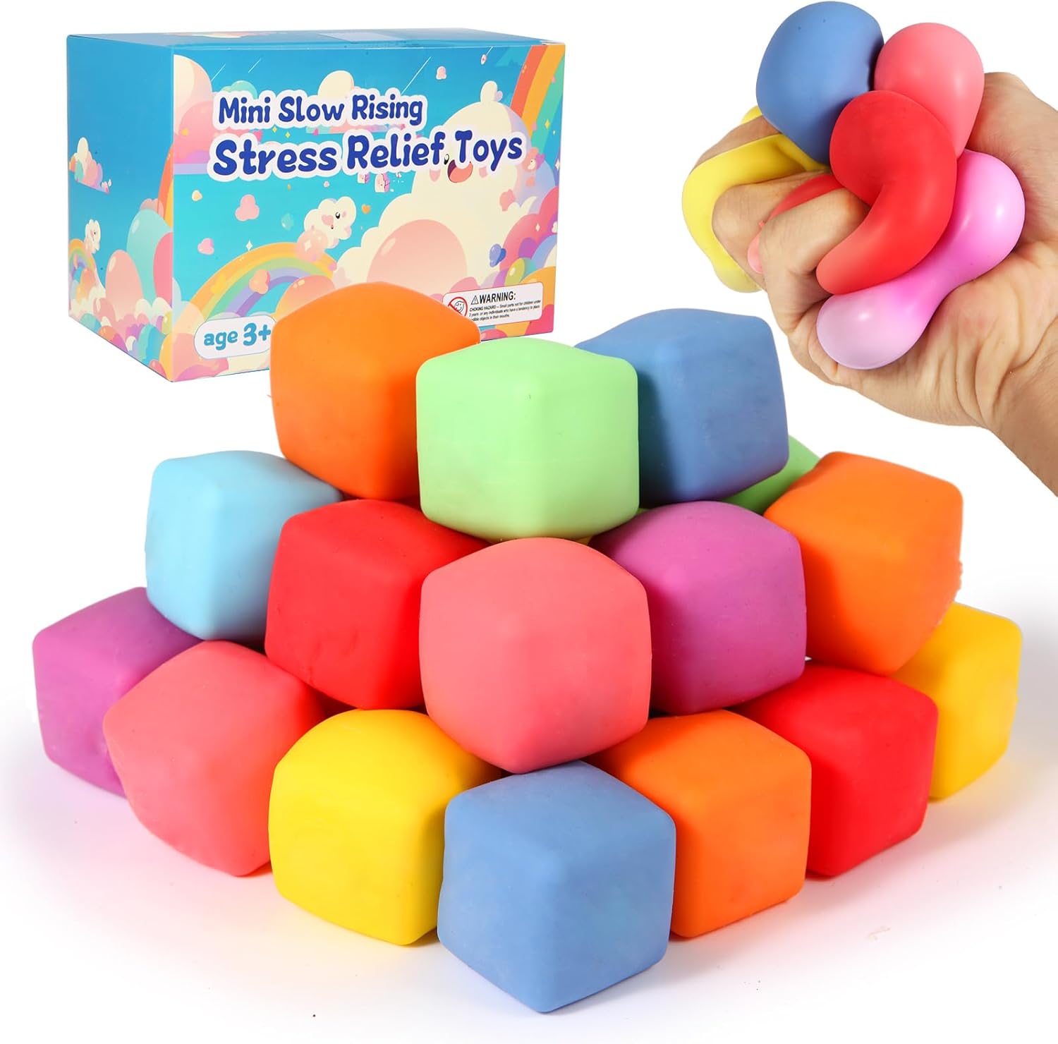 24 Pack Slow Rising Stress Cube . Dough Stress Balls Soft Fidget Squishy Toys for Anxiety Relief. Pull Stretch Classroom Prize Party Favors Toys for Kids