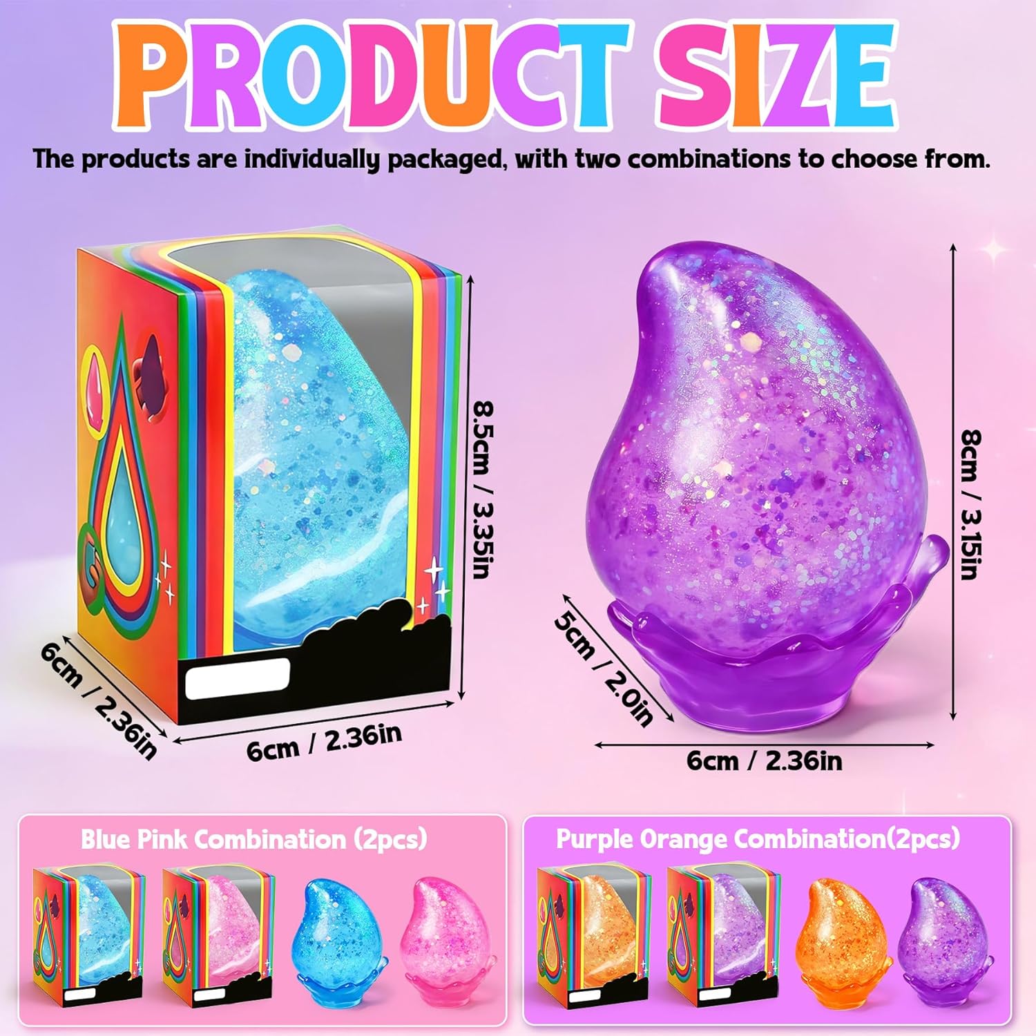 2 Pcs Stress Balls. Water Drop Squishies Squeeze Toys. Stress Relief Fidget Sensory Toy for Kids with Autism. Nice Stress Cube-Drop Gifts for Anxiety Relief Office Easter Birthday (Blue&Pink) - Image 2