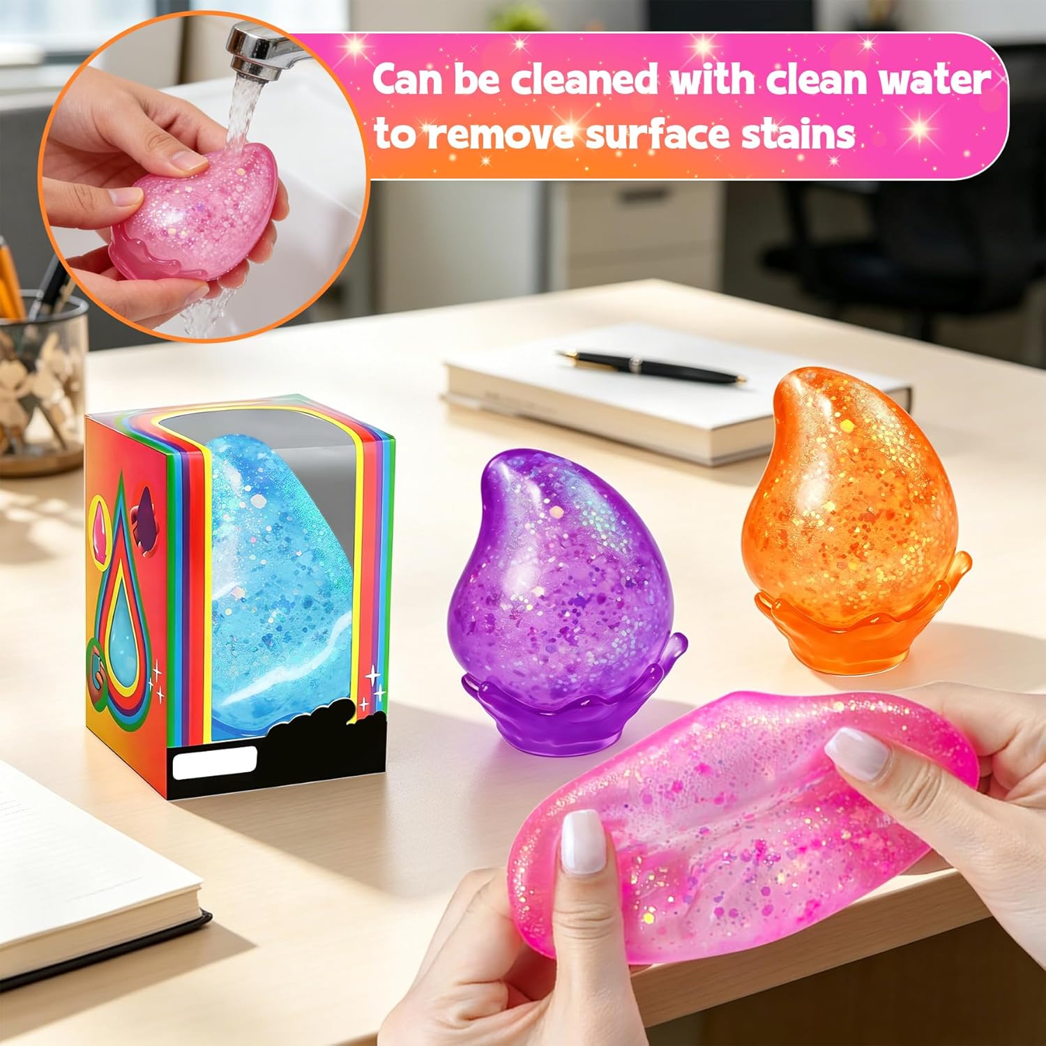 2 Pcs Stress Balls. Water Drop Squishies Squeeze Toys. Stress Relief Fidget Sensory Toy for Kids with Autism. Nice Stress Cube-Drop Gifts for Anxiety Relief Office Easter Birthday (Blue&Pink) - Image 6